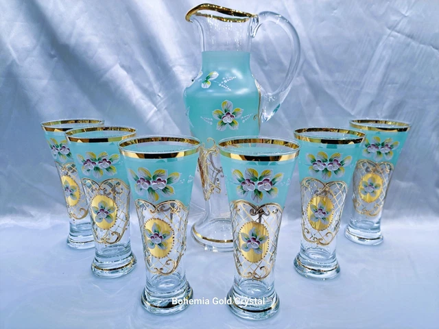 Czech bohemia crystal glass - Water, wine green set decorated gold and pictures
