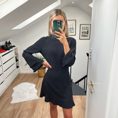 Zara Black White Polka High neck Long Flared Sleeve mini dress M Work Office