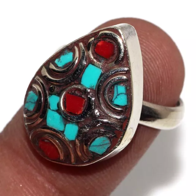 11gms Tibetan Turquoise Red Coral Nepali Tribal Gemstone Handmade Ring US 6 B504
