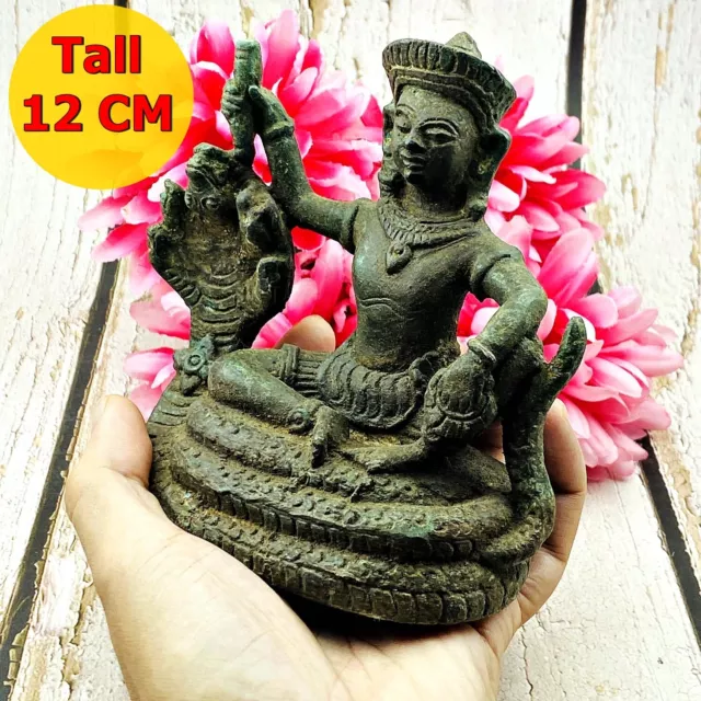 Bronze Statue Ancient Khmer 12Cm Male Deity Goddess Green Ride Cobra Naga #16711