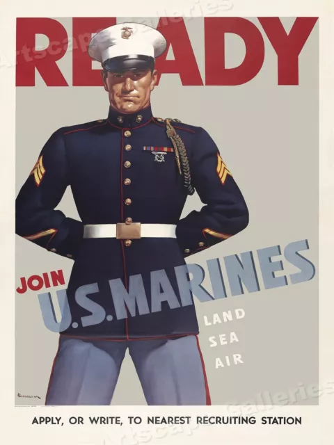 1942 Join U.S. Marines! Land Sea Air - World War 2 Classic Poster - 20x28