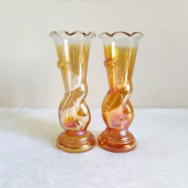 1930 Vintage Carnival Glass Marigold Elephant Design Flower Vase Pair GV135