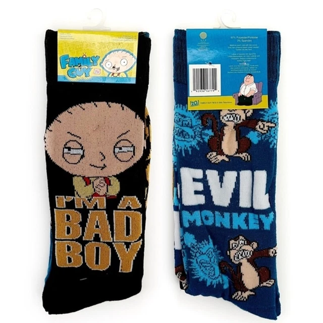 Family Guy Stewie Bad Boy Evil Monkey Cartoon Crew Socks 2 Pairs Mens Womens