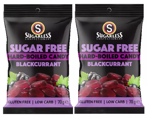 909445 2 x 70g SUGARLESS CONFECTIONERY SUGAR FREE HARD BOILED BLACKCURRANT AURA