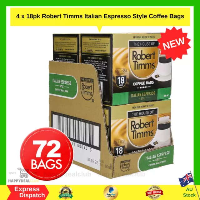 4 x 18pk Robert Timms Italian Espresso Style Coffee Bags NEW AU