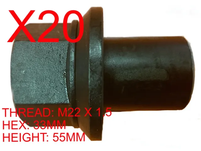 20 Pack 33mm M22-1.5 x 55mm Sleeved Wheel Lug Nut M22-1.5x28mm Skirt Flange