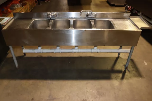 Krowne Metal 4 Compartment Stainless Bar Sink 19"D w/ Two 12" Drainboards, Used