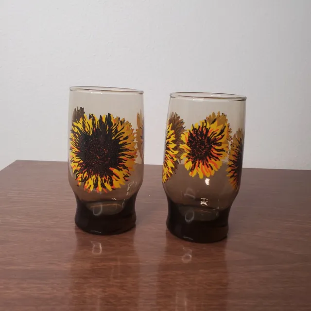 Vintage Libbey Water Juice Glasses Amber  Sun Flower Pattern Set of 2