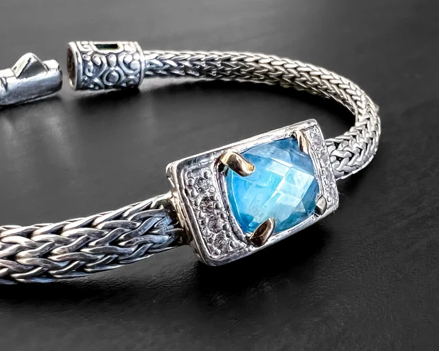 Bali 18k Gold Accent Sterling Silver Topaz Diamond Wheat Vtg Cable Bracelet 7