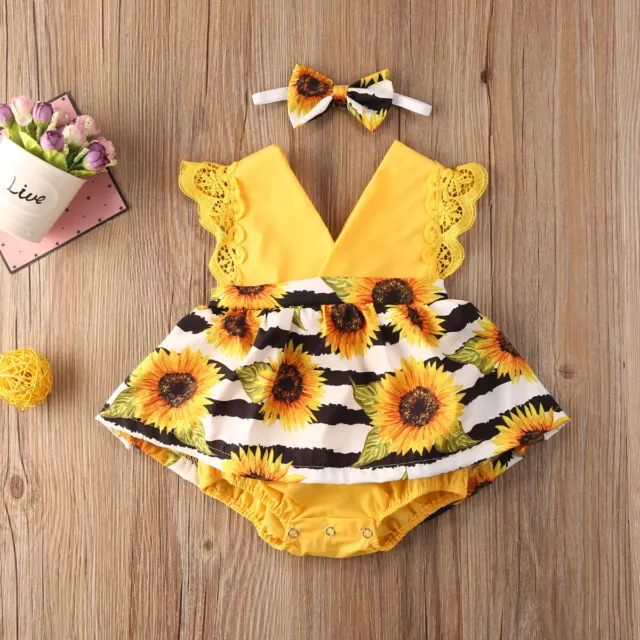Newborn Baby Girl Sunflower Romper Dress Jumpsuit Bodysuit Headband Outfits Sets