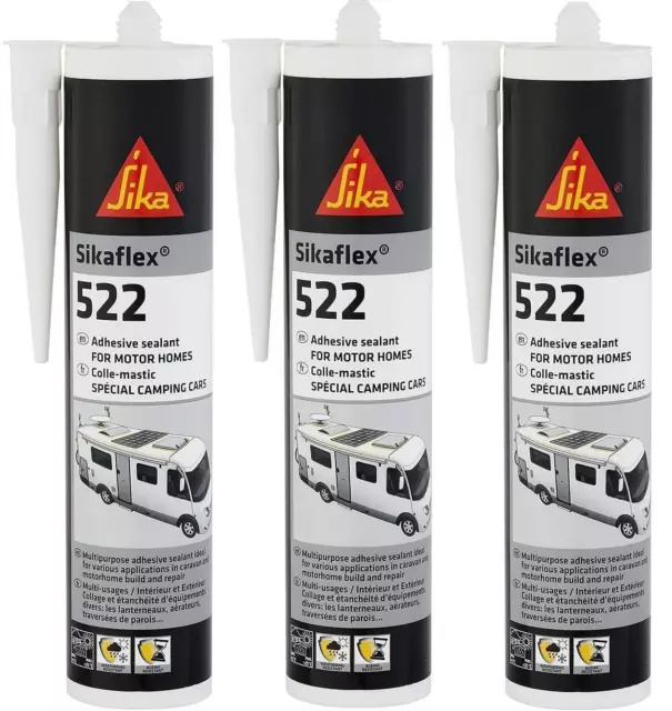 3 x Sikaflex 522 - White - Adhesive Sealant - Caravan - Sika 512 - EXPIRY:  10/24 7612895613086