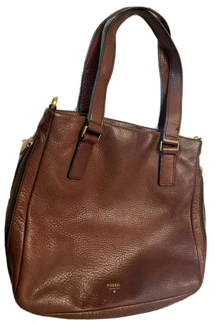 Vintage  Fossil  Satchel Tote Bag  Brown  Pebble Leather Zipped Expandable