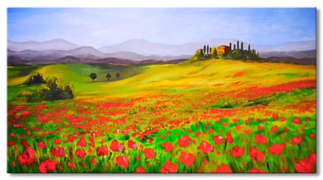 Leinwand Bild Toskana Gemälde Rot Kornblumen Landschaft Sommer Italien