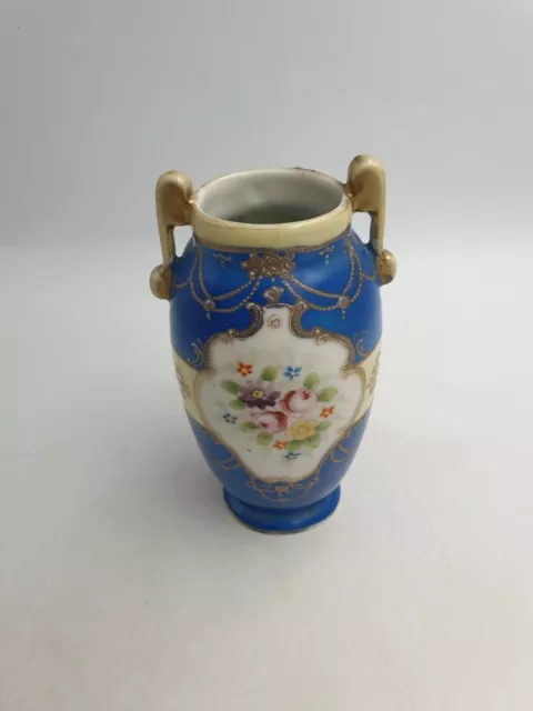 Antike Nippon Kinjo Porzellan Gegriff Vase Handbemalt Blumengold Detail Blau Cre