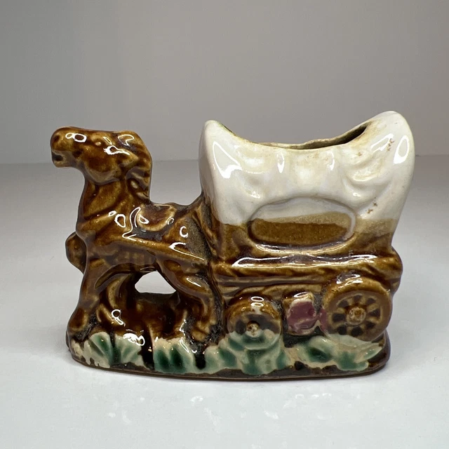 3” Ceramic Horse Drawn Covered Wagon Figurine Tooth Pick Holder Or Small Vase