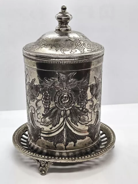 Antique Footed Biscuit Barrel Tea Caddy Silver Plated  Repousse Grapes  & Leaves