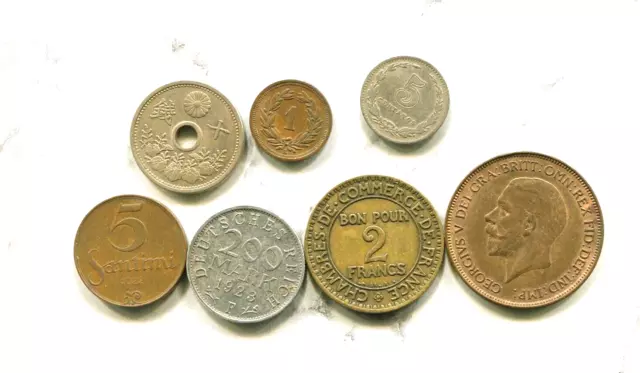 SEVEN LUCKY 1920's WORLD COINS, ALL FROM DIFFERENT COUNTRIES 2