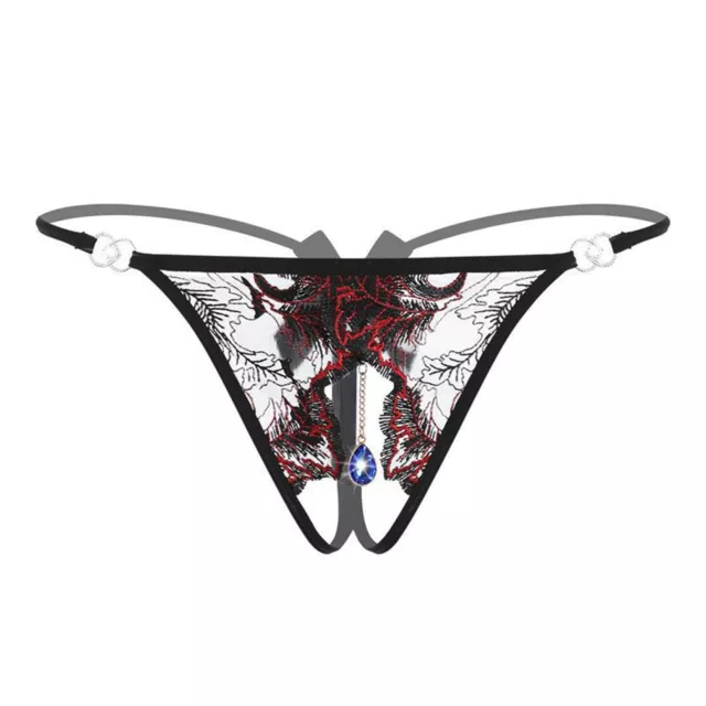 Women's Underwear Embroidered Pendant Thong With Transparent Lace Open Crotch
