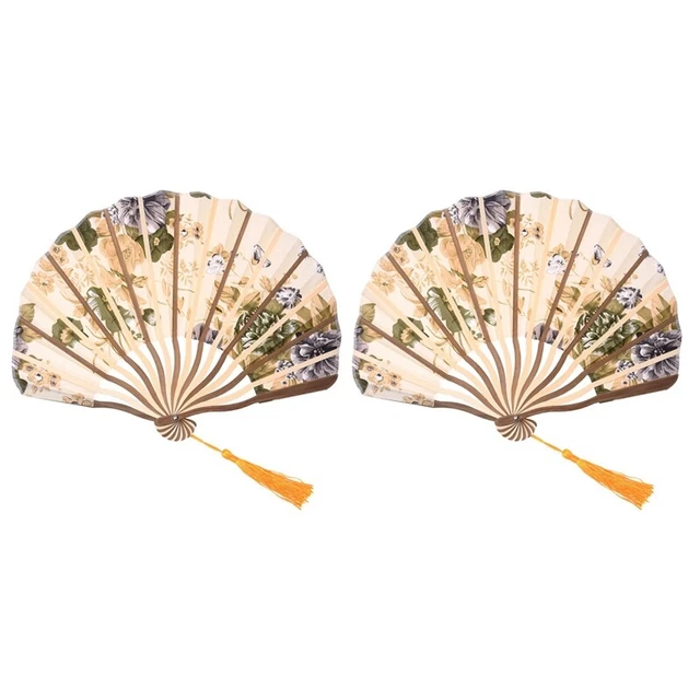 2X Estilo Clásico Tela Flor Plegable Bambú Baile Ventilador Mano Beige Y8H9
