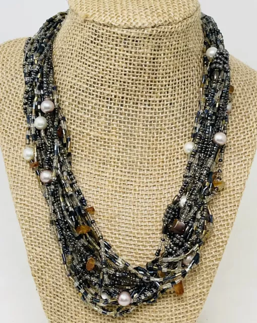 Multi Strand Seed Bead Necklace Faux Pearls Amber Chips 7.5” Black Clear