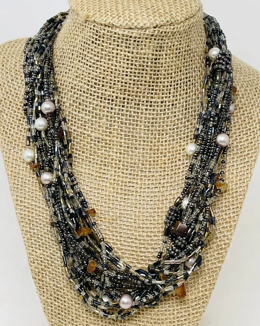 Multi Strand Seed Bead Necklace Faux Pearls Amber Chips 7.5” Black Clear