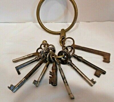 Old Skeleton Keys Lot of 9 on Ring Antique Metal 8 with Hollow End