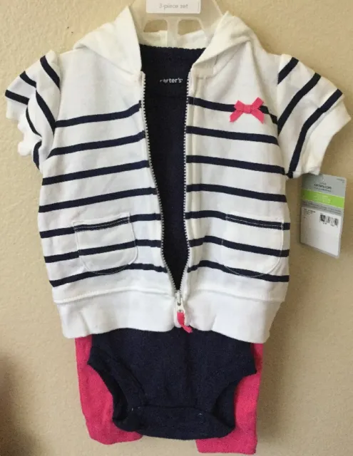 CARTERS BABY GIRL CARDIGAN 3 Pc Set 9 Months Pink, Blue White Baby Outfit Hoody