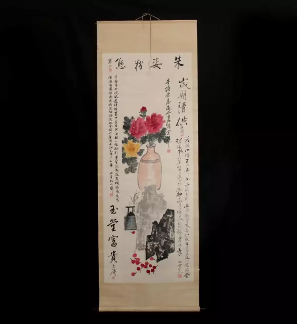 Qi Baishi Signed Fine Old Chinese Hand Painted Scroll w/peony