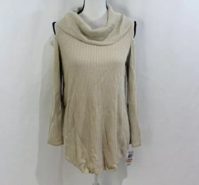 NWT Style & Co Womens Beige Ribbed Cold Shoulder Cowl Neck Top S