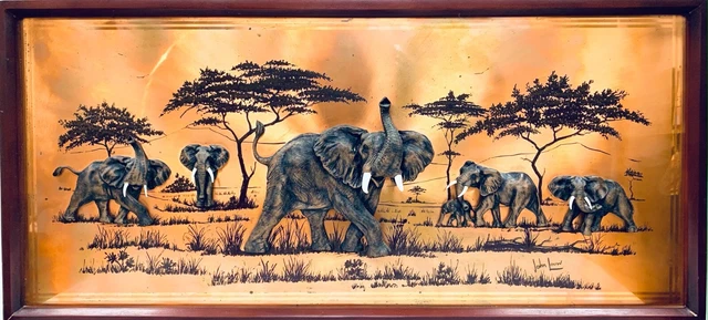 Grande Cuadro De 3D Sobre Cobre de John Louw - Elefantes - 157 X 72,5CM