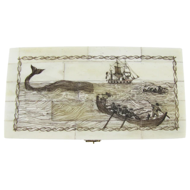 Fake Reproduction Etched Scrimshaw Bone Art Whaling Ship Jewelry Box Whale Chest