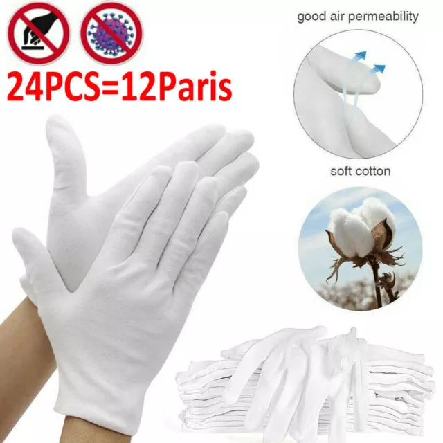 24 Pairs 100% Cotton White Gloves Dermatological Overnight Moisturising Eczema