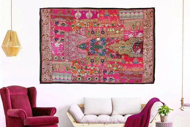 Tenture murale indienne lourde brodée vintage Sari Zari