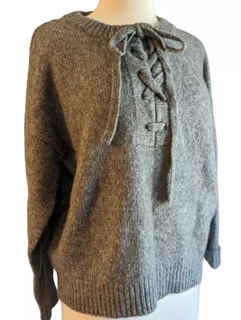 Zara Women's Gray Knit Wool Blend Lace Up Oversized Boxy Sweater Size Small