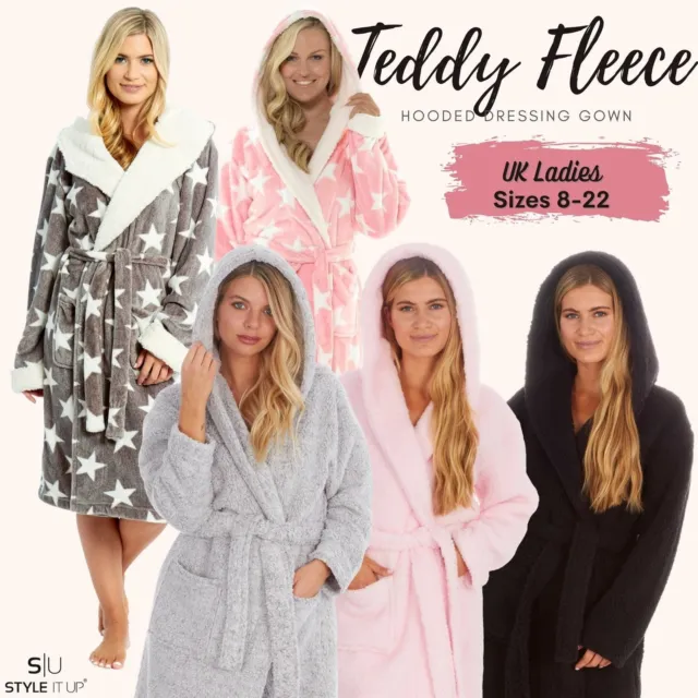 Womens Ladies Teddy Fleece Lined Dressing Gown Fluffy Snuggle Soft Warm Robe