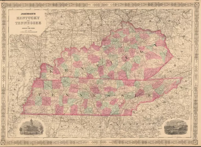 1865 Tennessee & Kentucky by Johnson Ward - beautiful antique map 26.5" x 18"