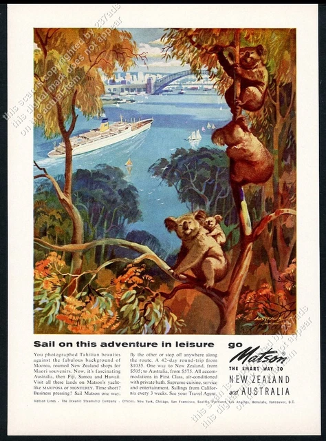 1958 koala family Australia art Matson Line ship travel vintage print ad