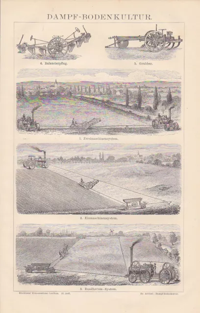 Dampfbodenkultur Pflug Grubber Dampfpflug HOLZSTICH von 1883 Landwirtschaft