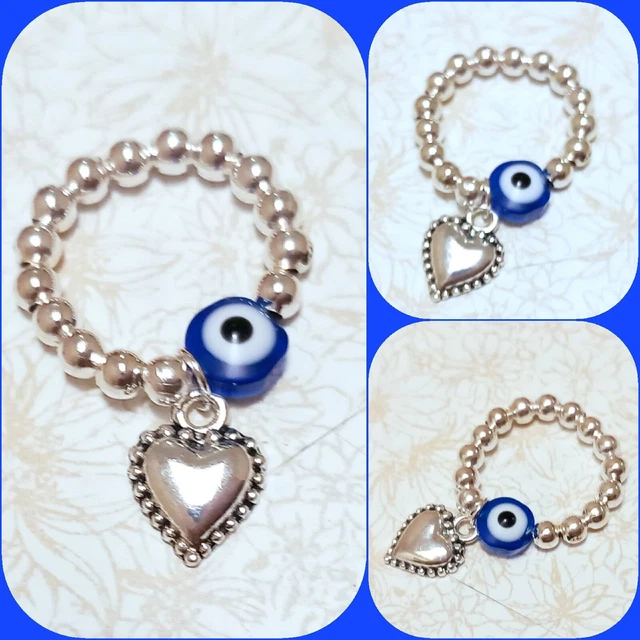 Evil Eye Protection Silver Plated Ball Beaded Stretch Ring Heart Charm Ring 60mm