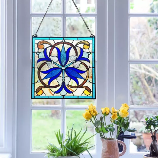 Stained Glass Victorian Tiffany Style Suncatcher Art Glass Window Panel 16 x 16 2