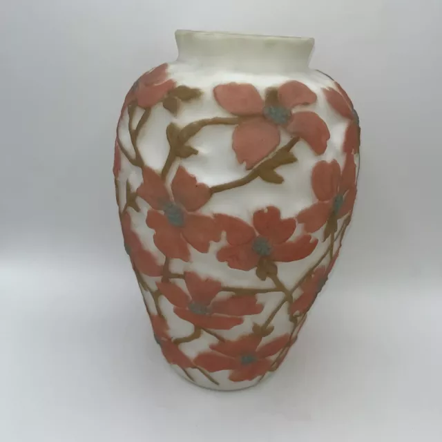 Glass Vase, Phoenix Glass, 3D Floral Design, White And Coral Vintage