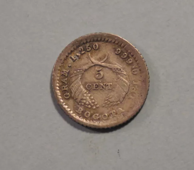 1884 5 Moneda Colombia Plateado Mundo KM174a.1 Bogotá Cinco Cent Bajo Acuñación 2