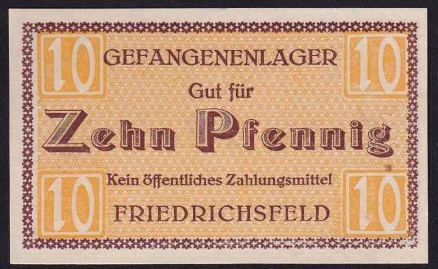 1914 - 1918 10 Pfennig Friedrichsfeld Germany  WWI POW Camp Old Money Rare UNC