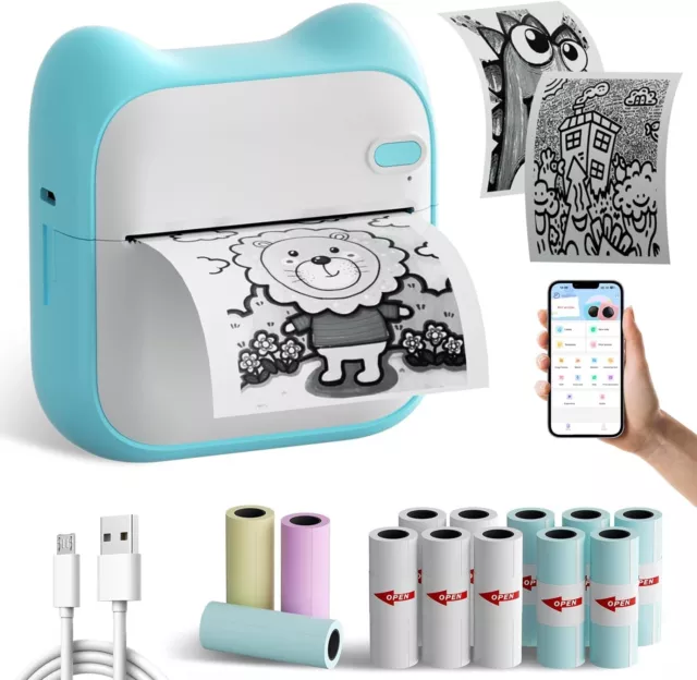 QKTYB tragbarer Aufkleber Mini Bluetooth Drucker mit 13 Papierrollen & 5 Stiften