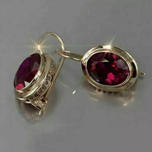 Oval Lab-erstellte rote Granat-Diamant-Damen-Ohrringe 14K Gelbgold-Oberfläche