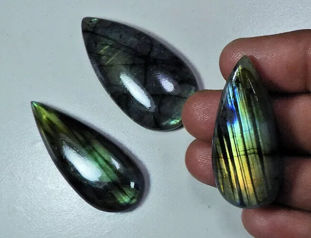 3 pièces 100% naturel doré Flash Labradorite poire Cabochon pierre...