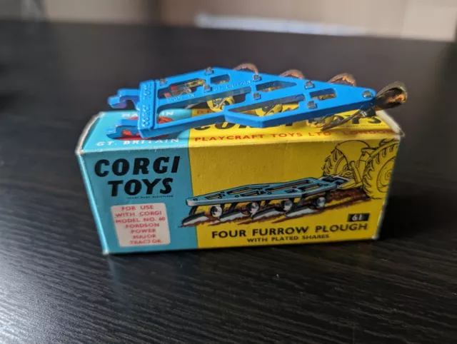 Vintage Corgi Toys No.61 Four Furrow Plough (1964-72) For Fordson Tractor in box