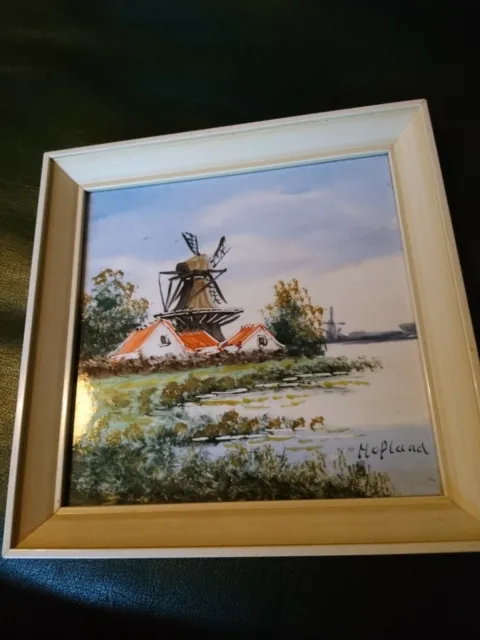 Vintage Hand Painted glazed Dutch Windmill Framed Tile signed Hopland 15 x 15 cm