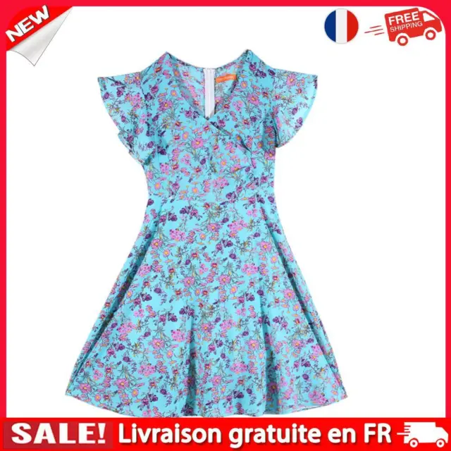 Women Chiffon Vintage Summer Ruffle Sleeve Floral Print V-Neck Beach Dress-20926