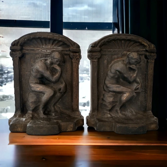 Vintage Bronze Rodan Bookends The Thinker Thinking Man HEAVY Patina Distressed